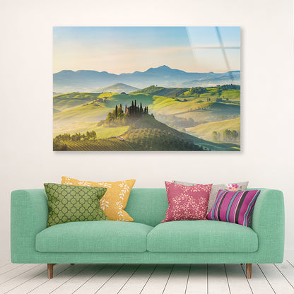 Hills, Trees, Mountains in Tuscany, Italy Acrylic Glass Print Tempered Glass Wall Art 100% Made in Australia Ready to Hang - Bella Home Decor