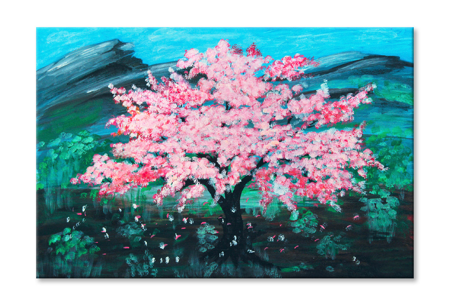 Pink Sakura Cherry Tree in Green Field Painting Wall Art Limited Edition High Quality Print Stretched Canvas None