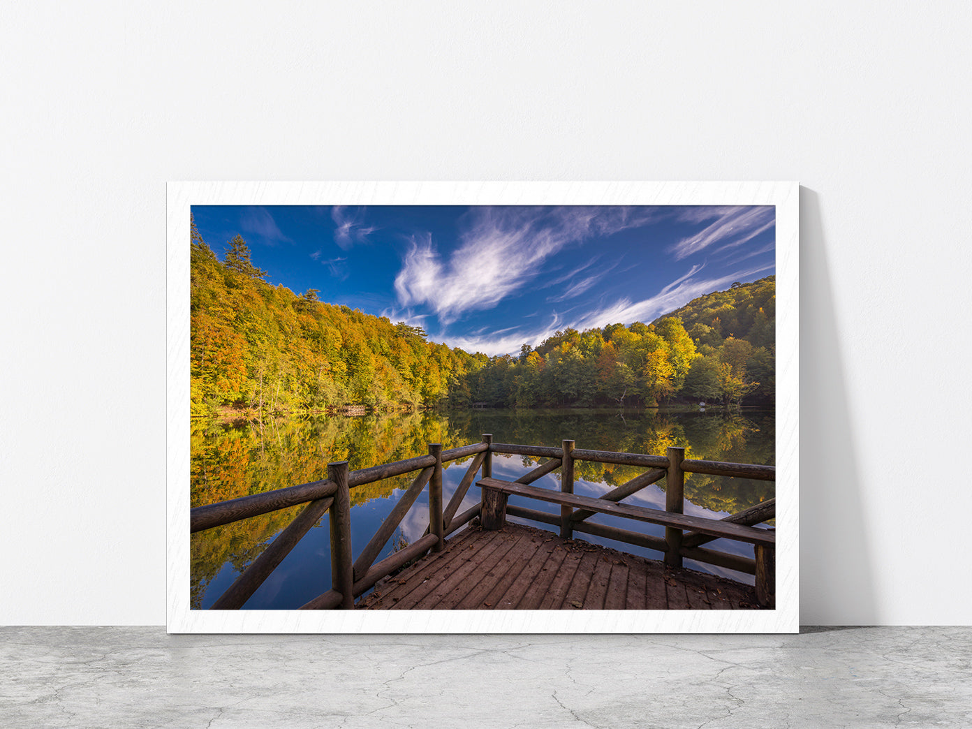 Reflection Of Clouds On The Lake Glass Framed Wall Art, Ready to Hang Quality Print Without White Border White