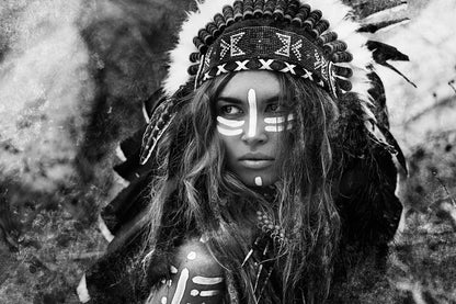 Warrior Girl with Feather Headdress B&W Photograph 90x60cm Print 100% Australian Made