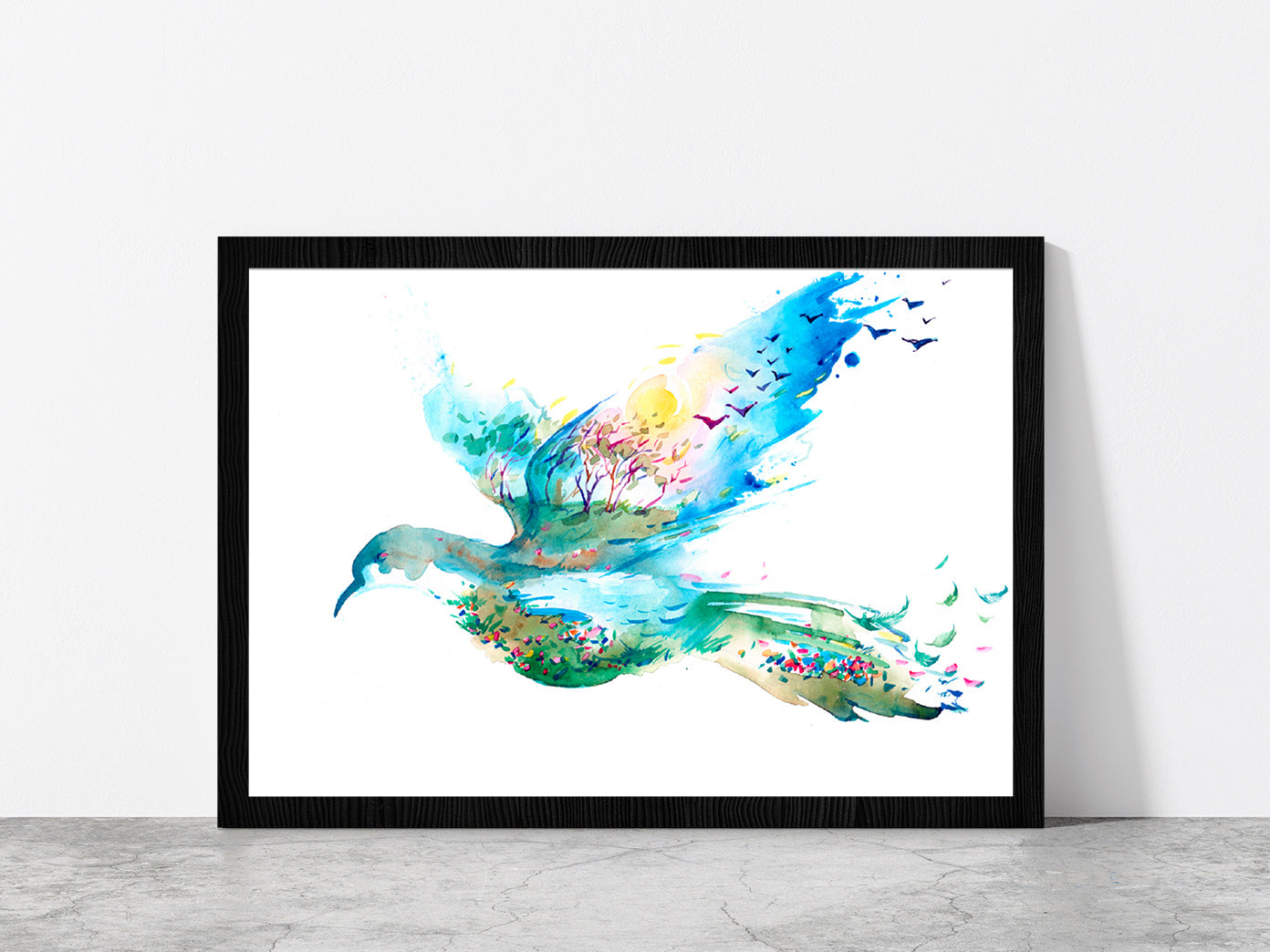 Spring In The Form Of Flying Bird Glass Framed Wall Art, Ready to Hang Quality Print Without White Border Black