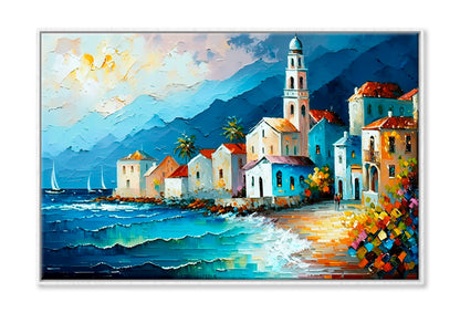 Coastal Line Village Oil Painting Wall Art Limited Edition High Quality Print Canvas Box Framed White