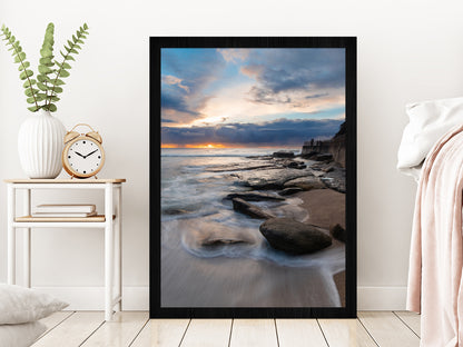 Sunrise View Of Rocky Coastline Glass Framed Wall Art, Ready to Hang Quality Print Without White Border Black