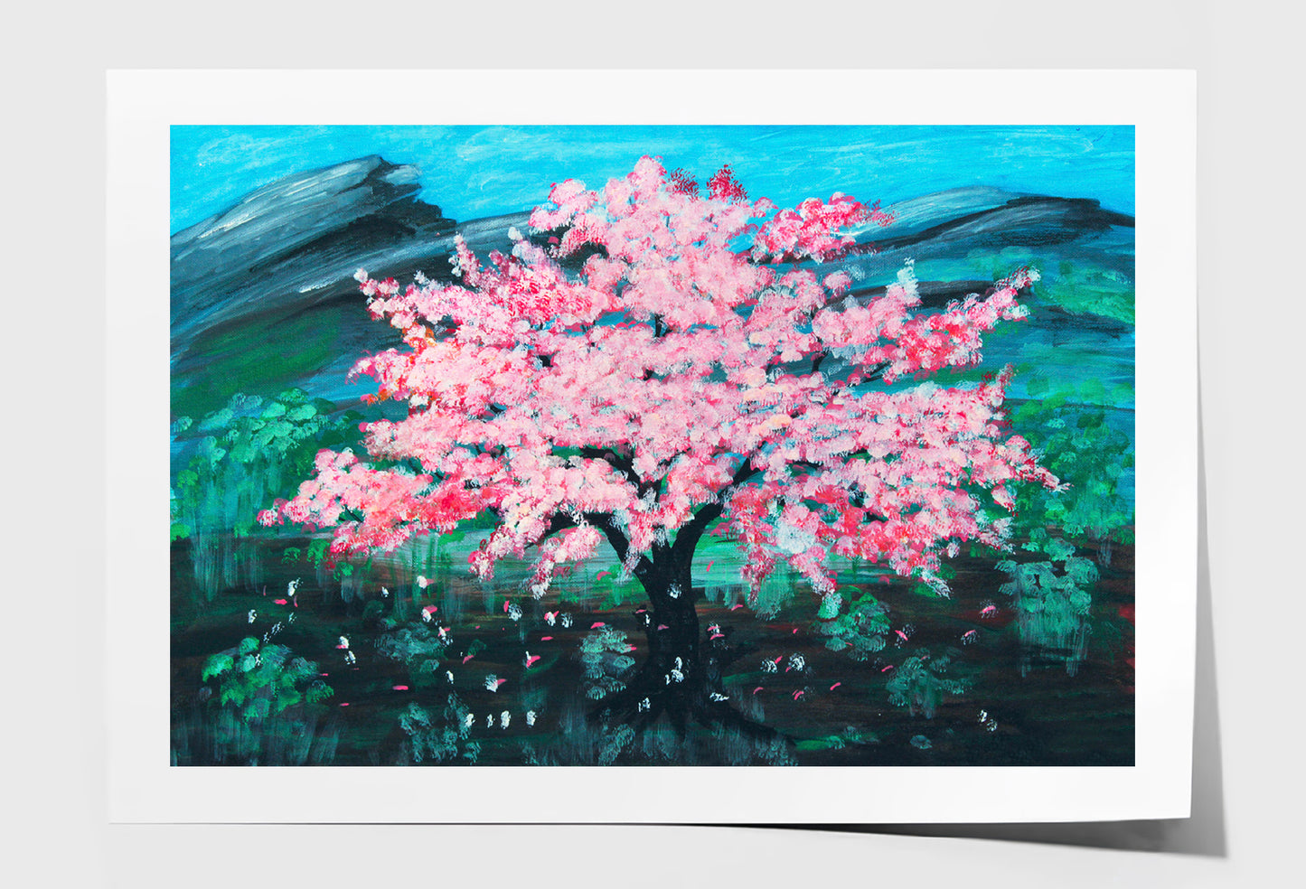 Pink Sakura Cherry Tree in Green Field Painting Wall Art Limited Edition High Quality Print Unframed Roll Canvas None