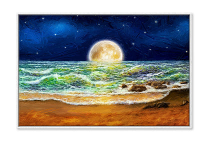 Sea Waves & Night Moon Sky Oil Painting Wall Art Limited Edition High Quality Print Canvas Box Framed White