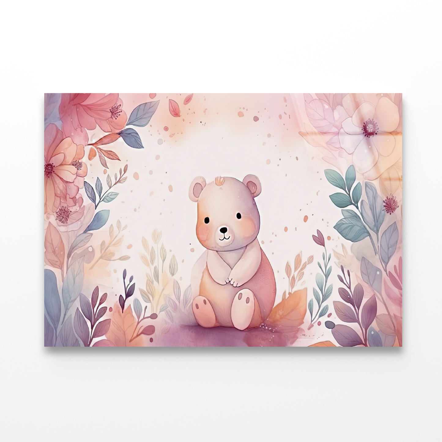 Watercolor Style of Happy Baby Bear with Flowers Acrylic Glass Print Tempered Glass Wall Art 100% Made in Australia Ready to Hang