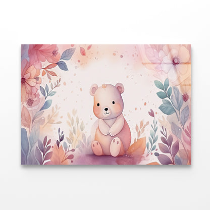 Watercolor Style of Happy Baby Bear with Flowers Acrylic Glass Print Tempered Glass Wall Art 100% Made in Australia Ready to Hang