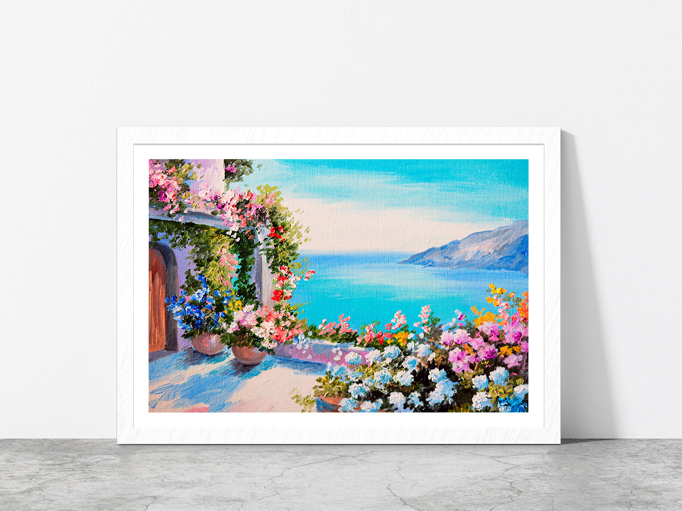 House Near The Sea Oil Painting Glass Framed Wall Art, Ready to Hang Quality Print With White Border White