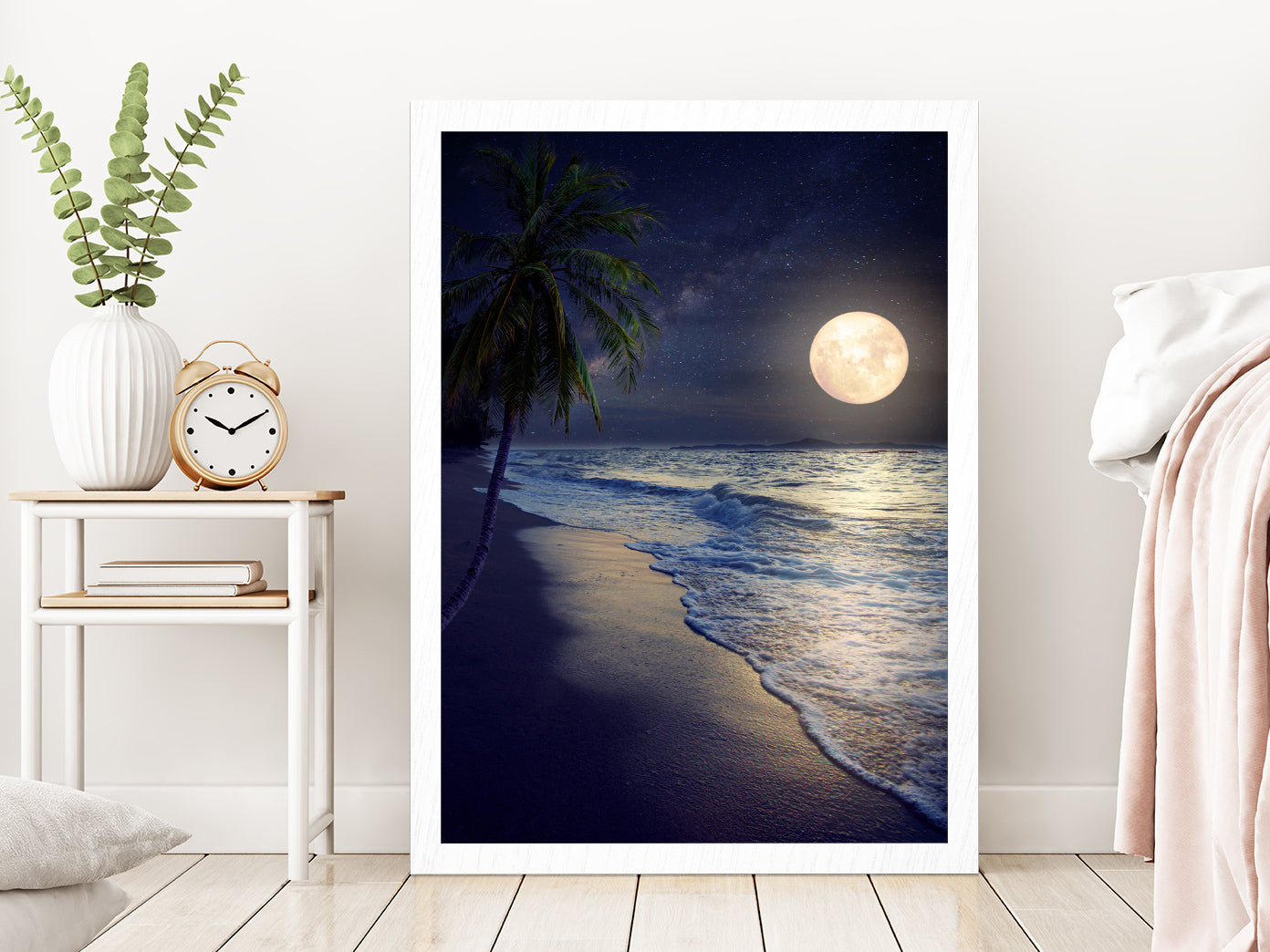 Tropical Beach with Milky Way Moon in Night Photograph Glass Framed Wall Art, Ready to Hang Quality Print Without White Border White