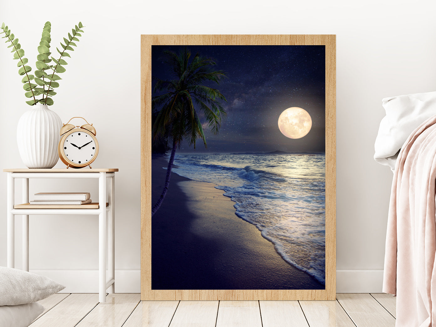 Tropical Beach with Milky Way Moon in Night Photograph Glass Framed Wall Art, Ready to Hang Quality Print Without White Border Oak