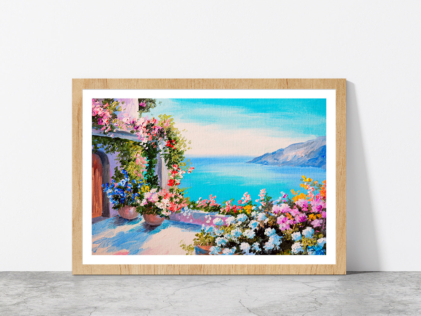 House Near The Sea Oil Painting Glass Framed Wall Art, Ready to Hang Quality Print With White Border Oak