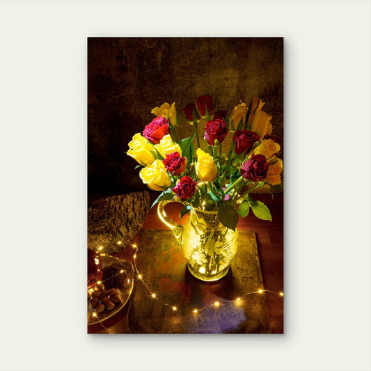 Red Yellow Roses Glass Vase 40x60cm Metal Print Ready to Hang