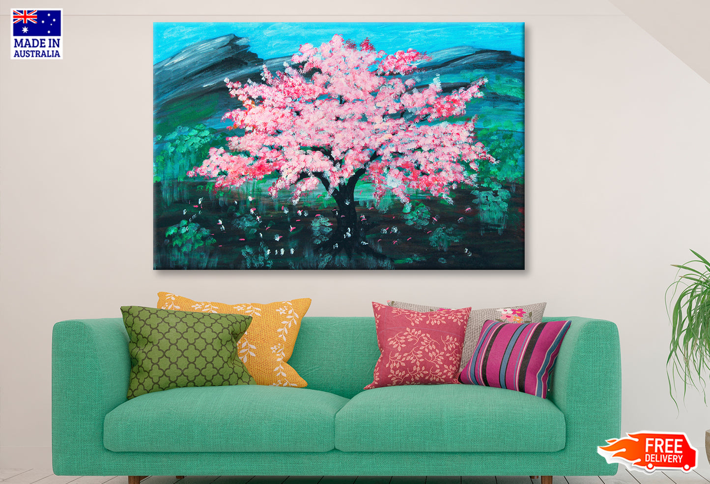 Pink Sakura Cherry Tree in Green Field Painting Wall Art Limited Edition High Quality Print