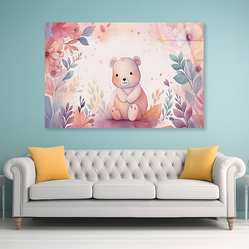 Watercolor Style of Happy Baby Bear with Flowers Acrylic Glass Print Tempered Glass Wall Art 100% Made in Australia Ready to Hang