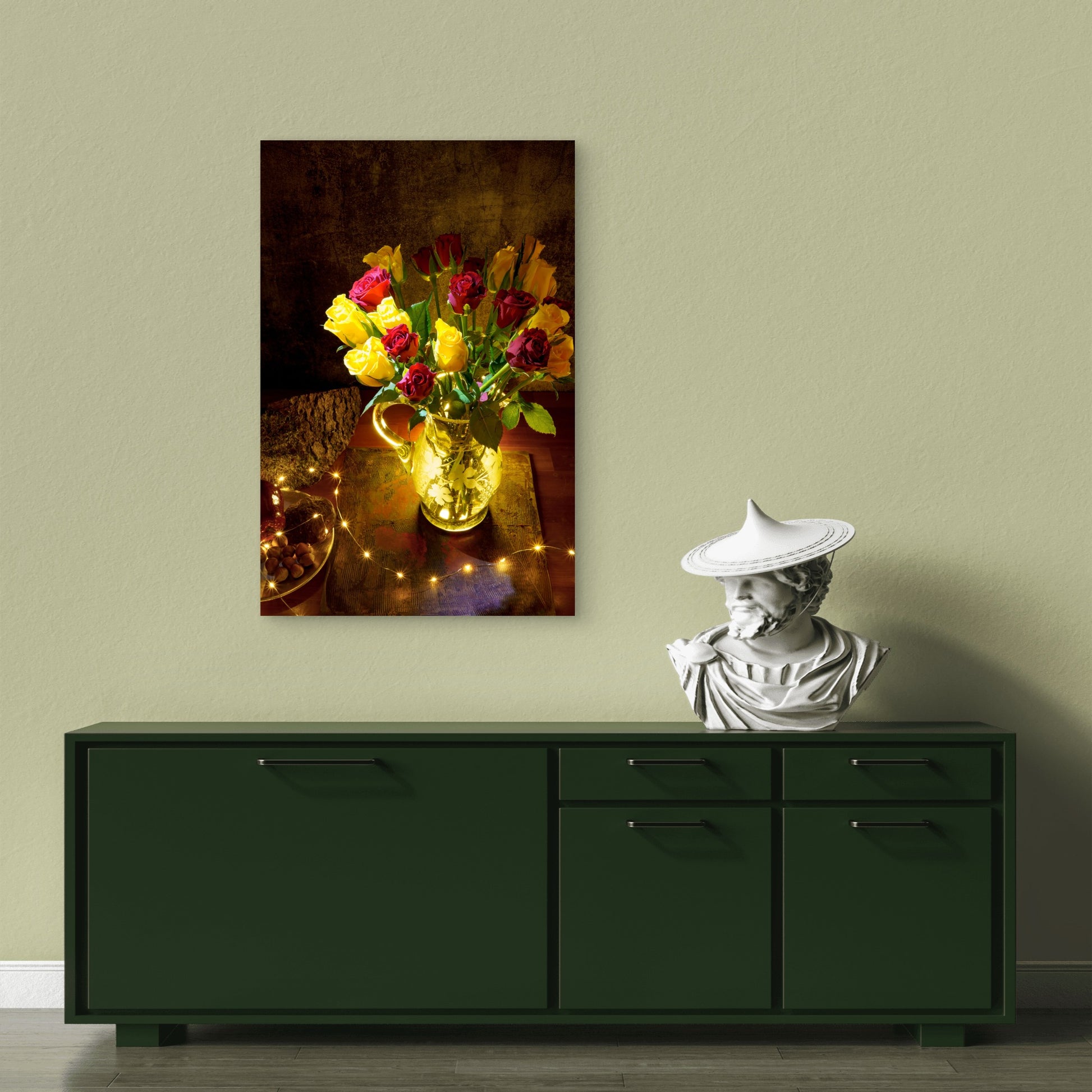 Red Yellow Roses Glass Vase 40x60cm Metal Print Ready to Hang - Bella Home Decor