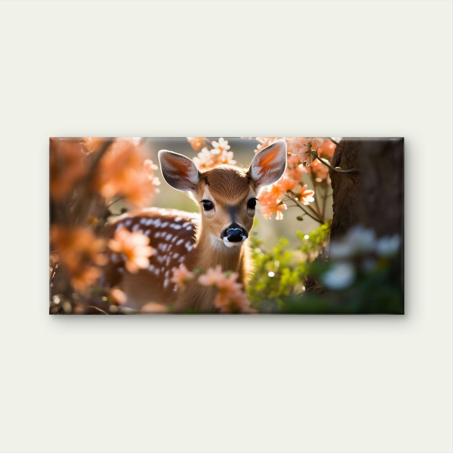 Cute Fawn Deer Spring Floral Nature Wilderness Wall Art Canvas Office Home Room Framed 120x60cm