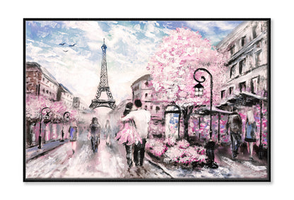 Street View Of Paris With Eiffel Tower Oil Painting Wall Art Limited Edition High Quality Print Canvas Box Framed Black