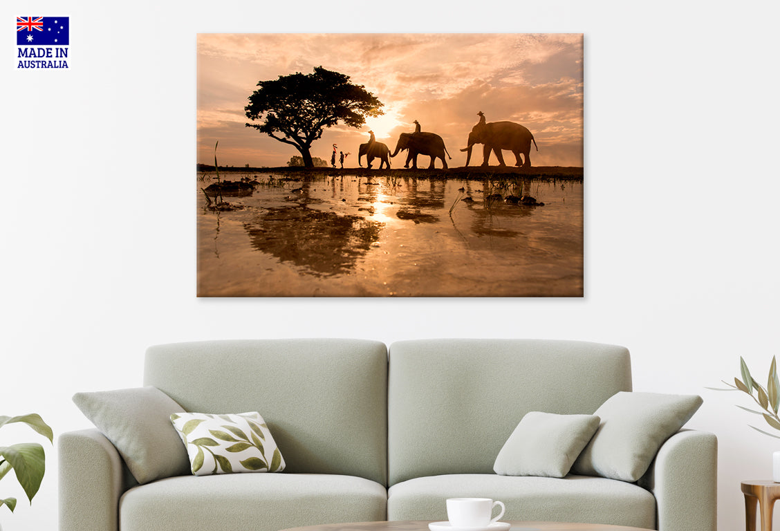 Three Elephants at the Glowing Sunset  Wall Art Decor 100% Australian Made