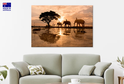 Three Elephants at the Glowing Sunset  Wall Art Decor 100% Australian Made