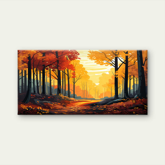 Golden Autumn Forest Sunlit Woodland Path Wall Art Canvas Office Home Framed 120x60cm