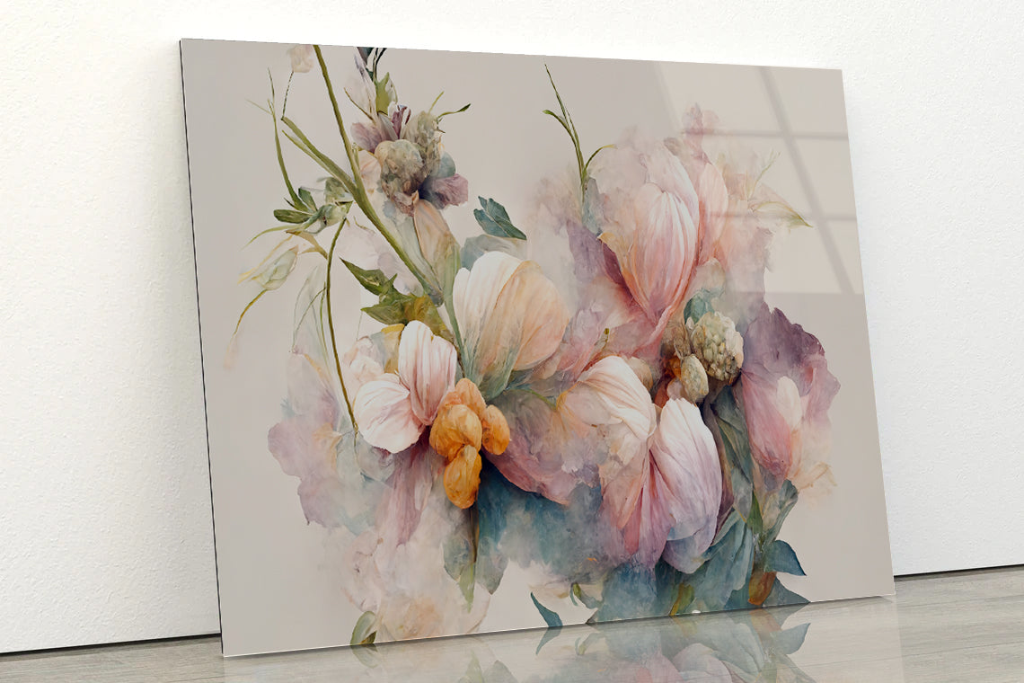 Pink and White Flowers Painting Acrylic Glass Print Tempered Glass Wall Art 100% Made in Australia Ready to Hang - Bella Home Decor