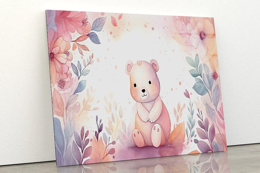 Watercolor Style of Happy Baby Bear with Flowers Acrylic Glass Print Tempered Glass Wall Art 100% Made in Australia Ready to Hang