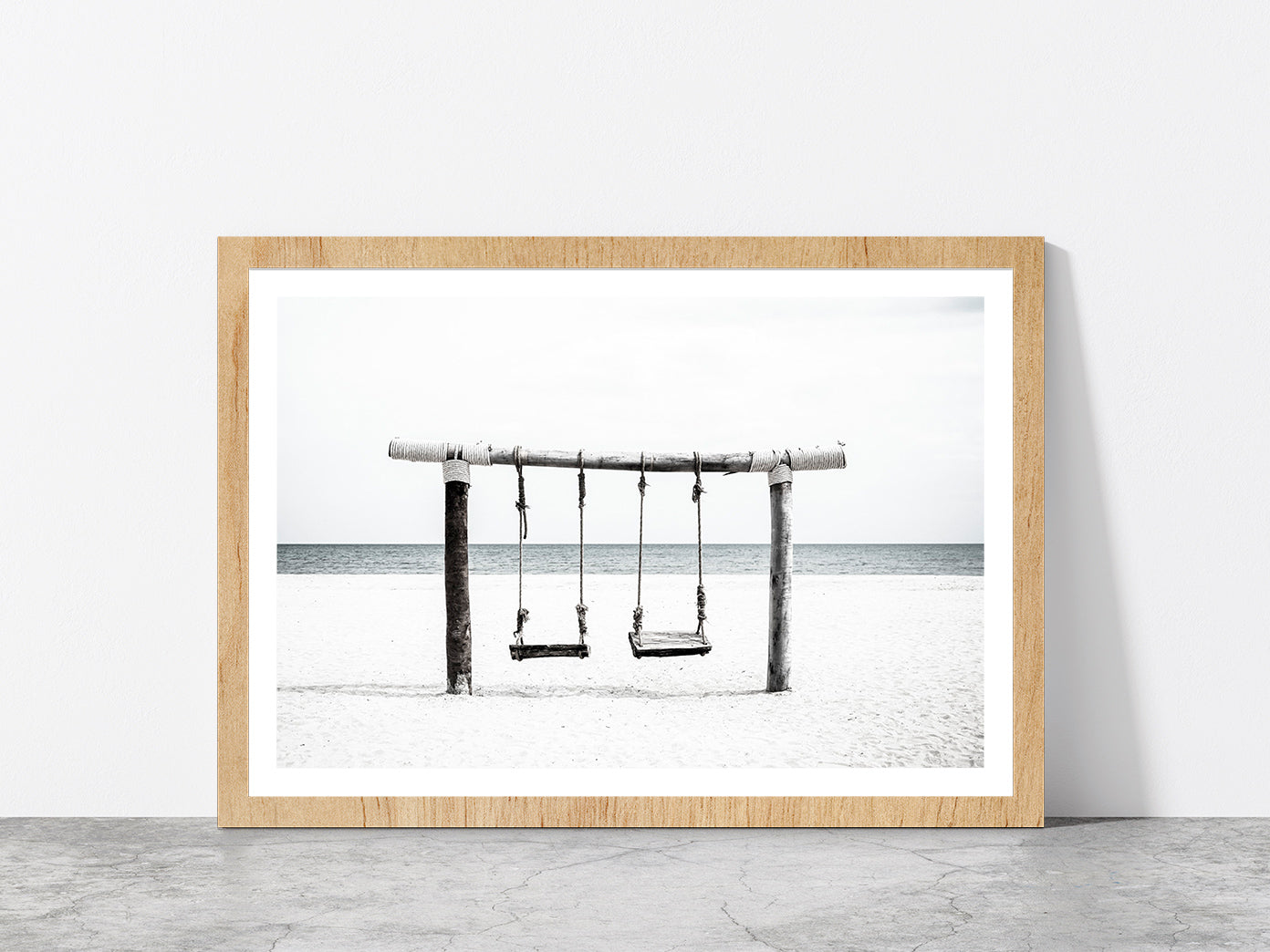 Swing near Sand Beach B&W View Photograph Glass Framed Wall Art, Ready to Hang Quality Print With White Border Oak