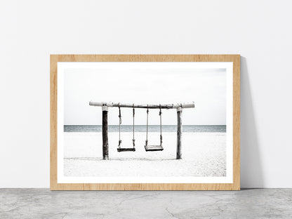 Swing near Sand Beach B&W View Photograph Glass Framed Wall Art, Ready to Hang Quality Print With White Border Oak