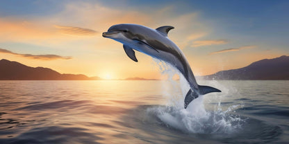 Jumping Dolphin Ocean Waves Sunset Horizon Wildlife Wall Art Canvas Office Home Framed 120x60cm