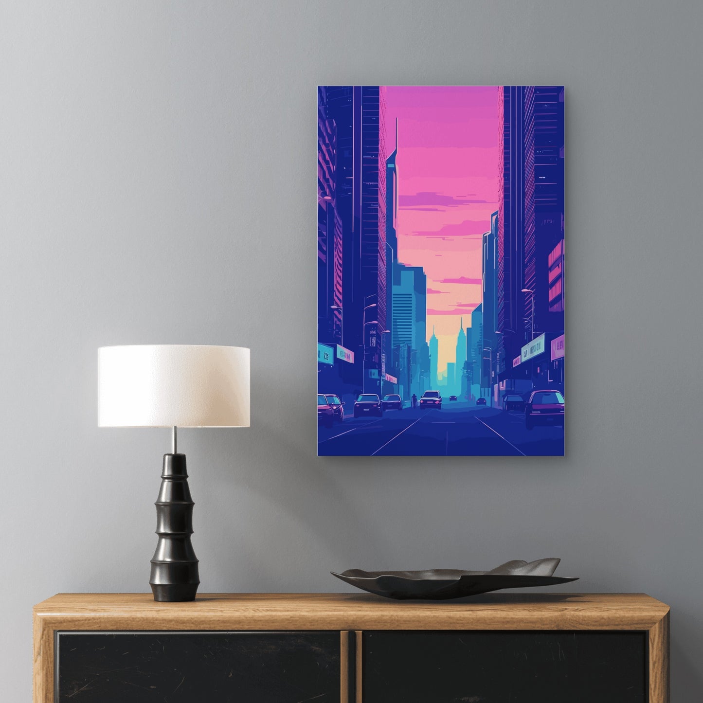 Cyberpunk City Street Neon Skyline Night 40x60cm Metal Print Ready to Hang