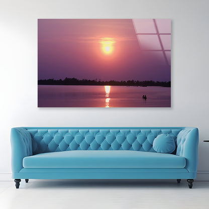 Scenery Of Along the Lake Has an Orange Sky & Sunset Acrylic Glass Print Tempered Glass Wall Art 100% Made in Australia Ready to Hang