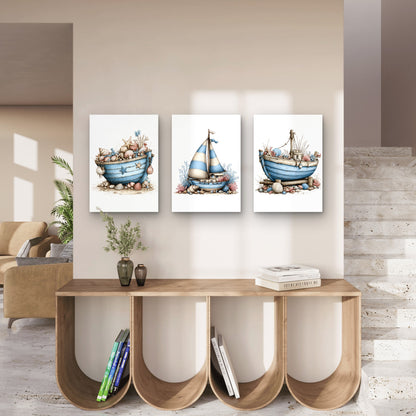 3pcs Rustic Coastal Beach Boats Wall Art Set Canvas Framed 40x60cm - High Quality Print 100% Australian Made Wall Canvas Ready to Hang
