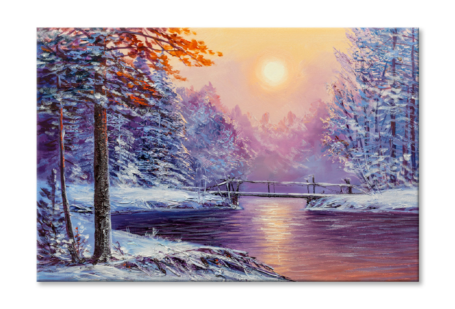 Winter Season River & Bridge Painting Limited Edition High Quality Print Stretched Canvas None