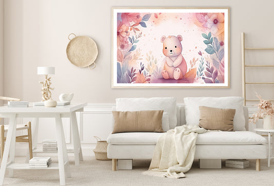 Watercolor Style of Happy Baby Bear with Flowers Home Decor Premium Quality Poster Print Choose Your Sizes