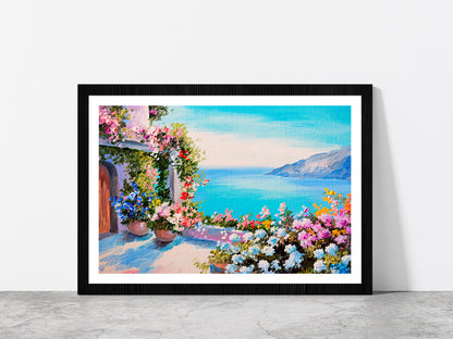 House Near The Sea Oil Painting Glass Framed Wall Art, Ready to Hang Quality Print With White Border Black