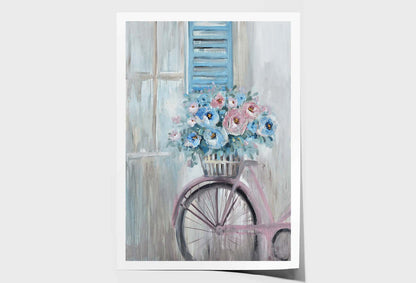 Blue Pink Flowers, Window & Bicycle Wall Art Limited Edition High Quality Print