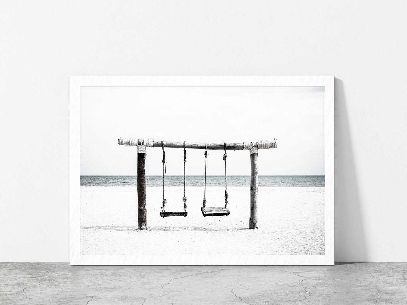 Swing near Sand Beach B&W View Photograph Glass Framed Wall Art, Ready to Hang Quality Print Without White Border White