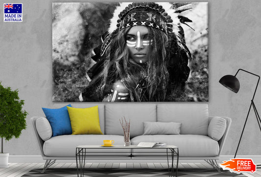 Warrior Girl with Feather Headdress B&W Photograph 90x60cm Print 100% Australian Made