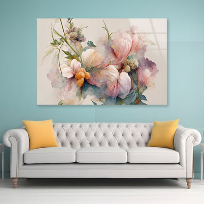 Pink and White Flowers Painting Acrylic Glass Print Tempered Glass Wall Art 100% Made in Australia Ready to Hang - Bella Home Decor
