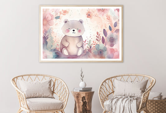 Happy Baby Bear With Flowers Watercolor Style Home Decor Premium Quality Poster Print Choose Your Sizes