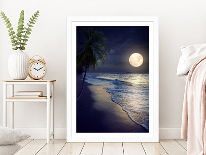 Tropical Beach with Milky Way Moon in Night Photograph Glass Framed Wall Art, Ready to Hang Quality Print With White Border White