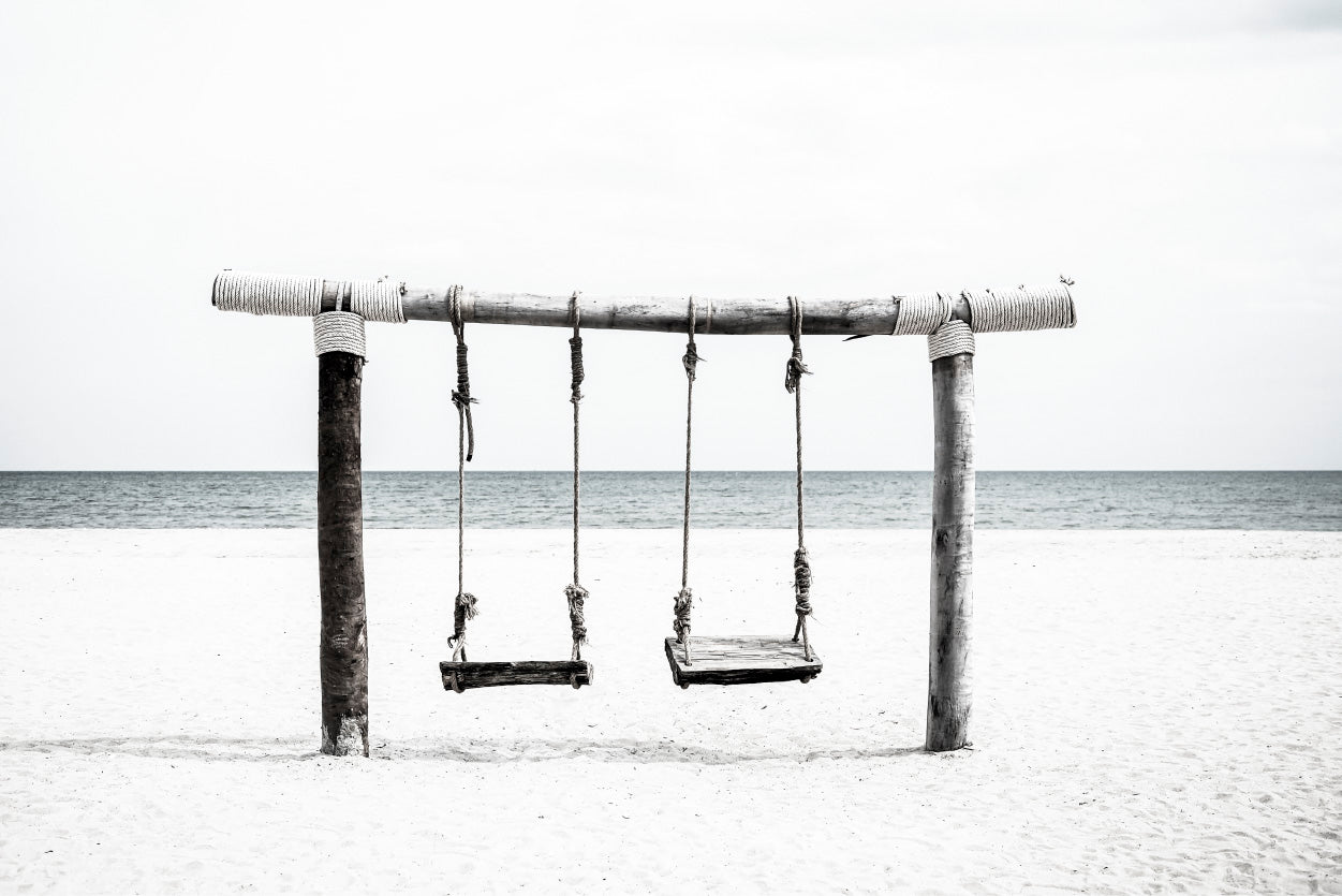 Swing near Sand Beach B&W View Photograph Glass Framed Wall Art, Ready to Hang Quality Print