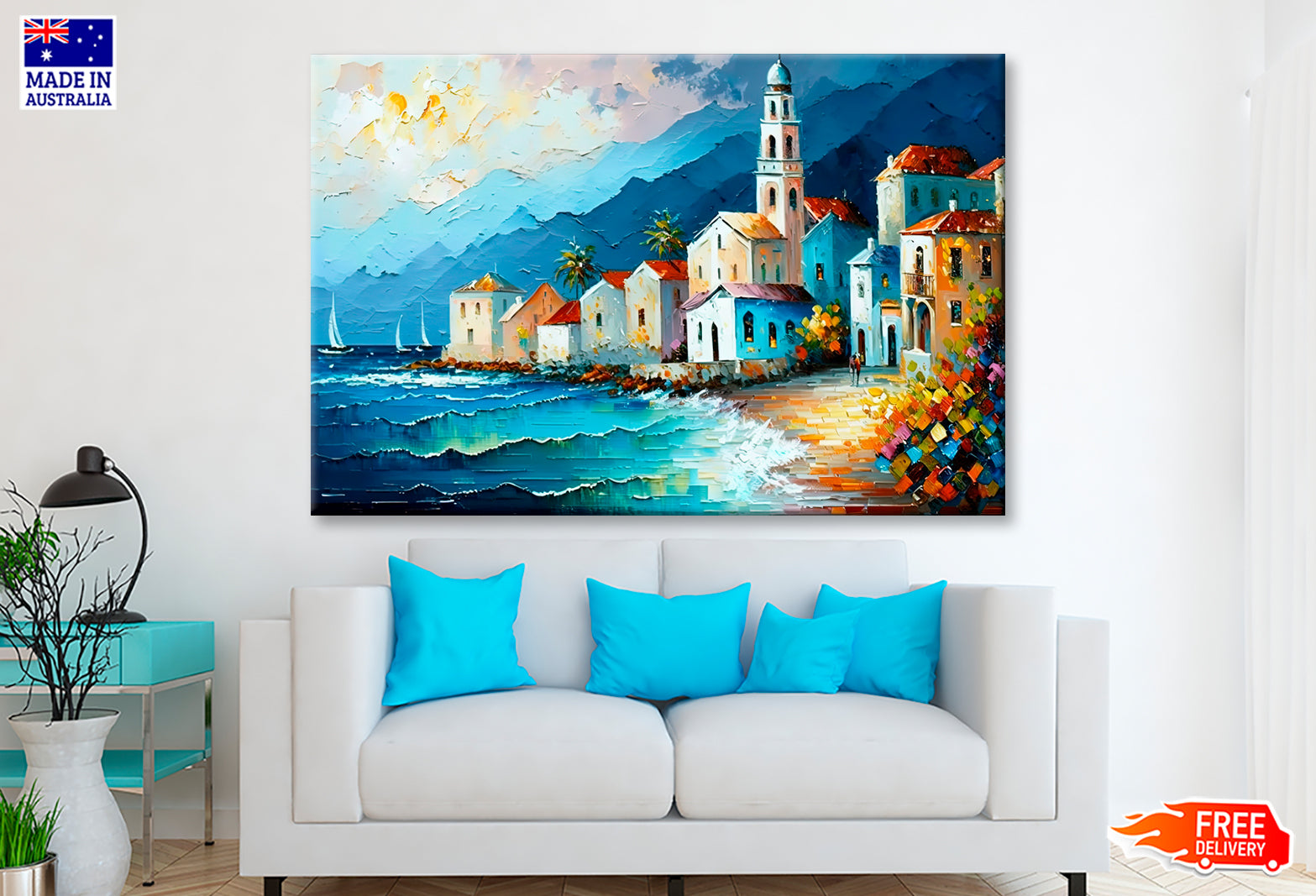 Coastal Line Village Oil Painting Wall Art Limited Edition High Quality Print