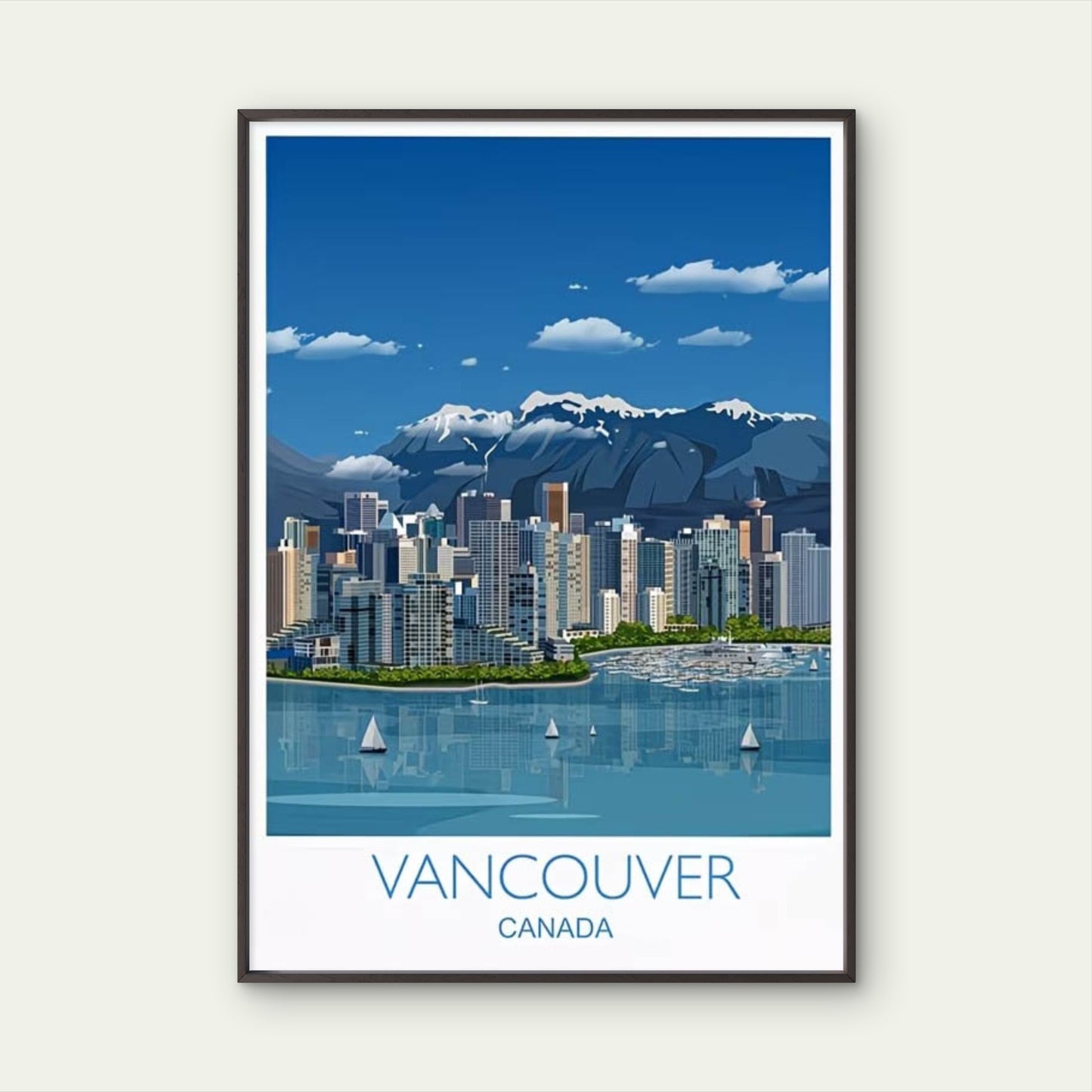 Snowy Mountains Above The Modern Vancouver sky Travel Poster Print Wall Art - Bella Home Decor