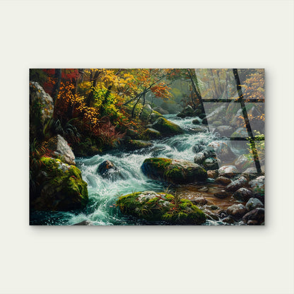 Scenic Forest River Flowing Over Mossy Rocks Nature Landscape Acrylic Glass Printing Wall Art Australian Made Quality