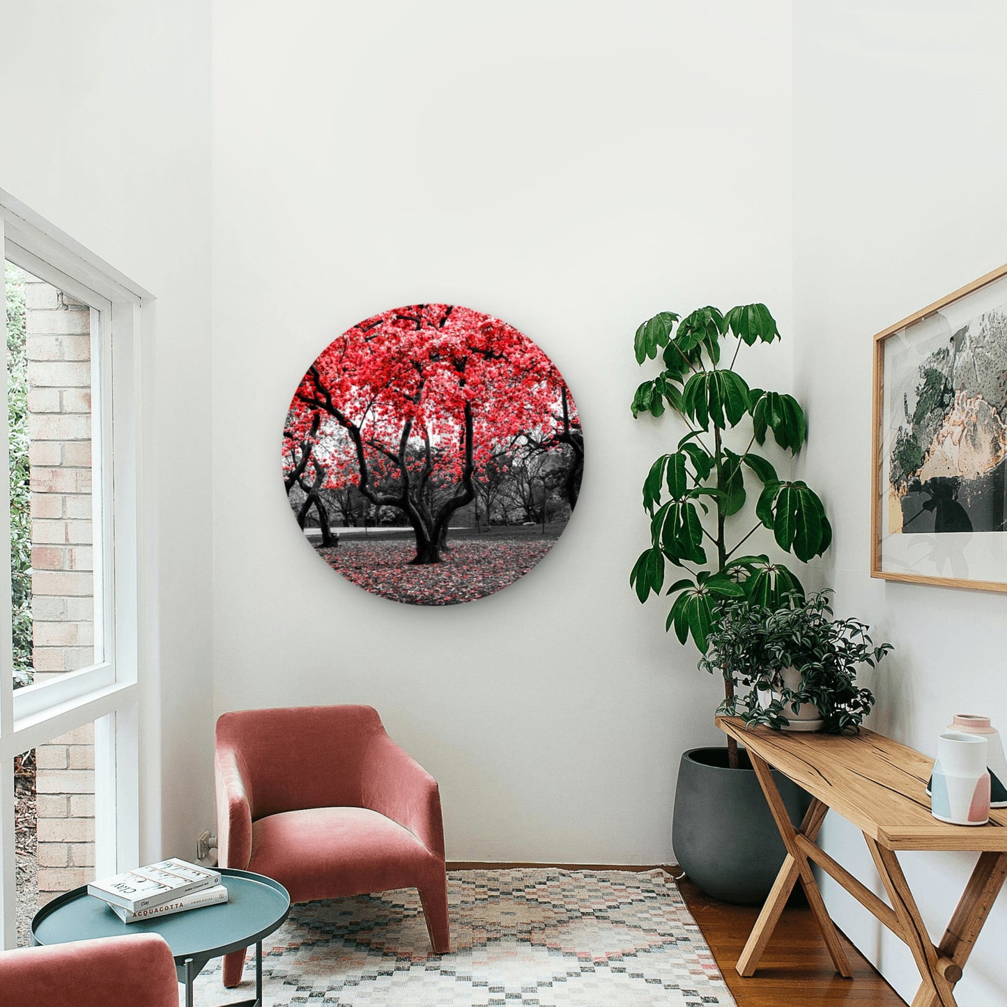 Red Flower Tree Black and White Forest Acrylic Glass Rounded Print Tempered Glass Wall Art 100% Made in Australia Ready to Hang