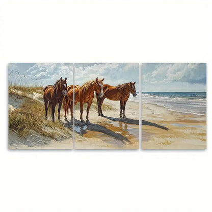 3pcs Outer Banks Wild Horses Beach Wall Art Set Canvas Framed 40x60cm - High Quality Print 100% Australian Made Wall Canvas Ready to Hang