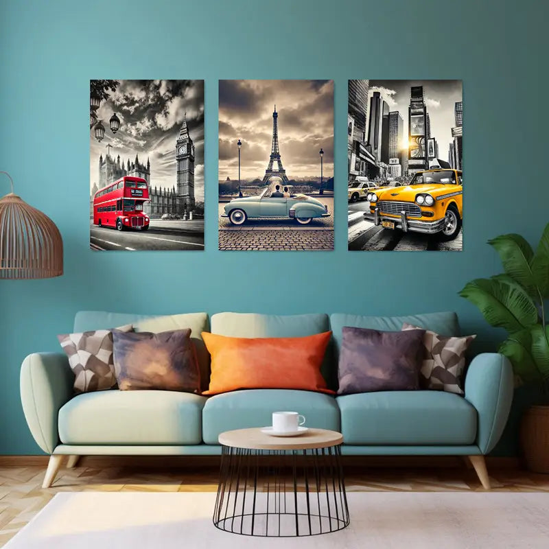 3pcs Classic Cars And Iconic Landmarks Metal Print Ready to Hang Art - Bella Home Decor