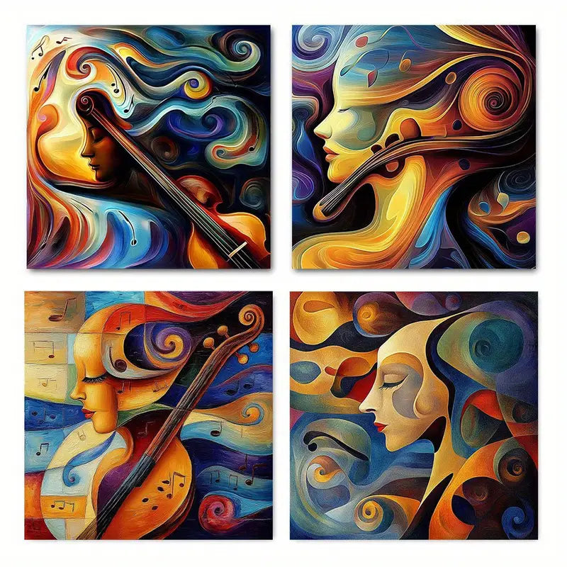 4pcs Vibrant Music-Themed Violin & Saxophone, Co Wall Art Canvas Framed