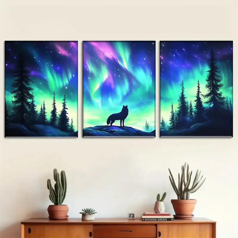 3pcs Wolf & Northern Lights Metal Print Ready to Hang Art